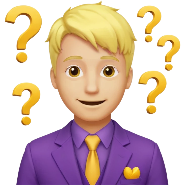 make his skin and hair yellow, he's smirking and looking in the left corner, add question marks abobe his head emoji