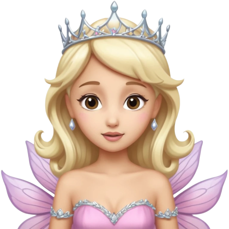 фея похожая на ариану гранде с блондинистыми волосами и серебряной диадемой, розовым платьем emoji