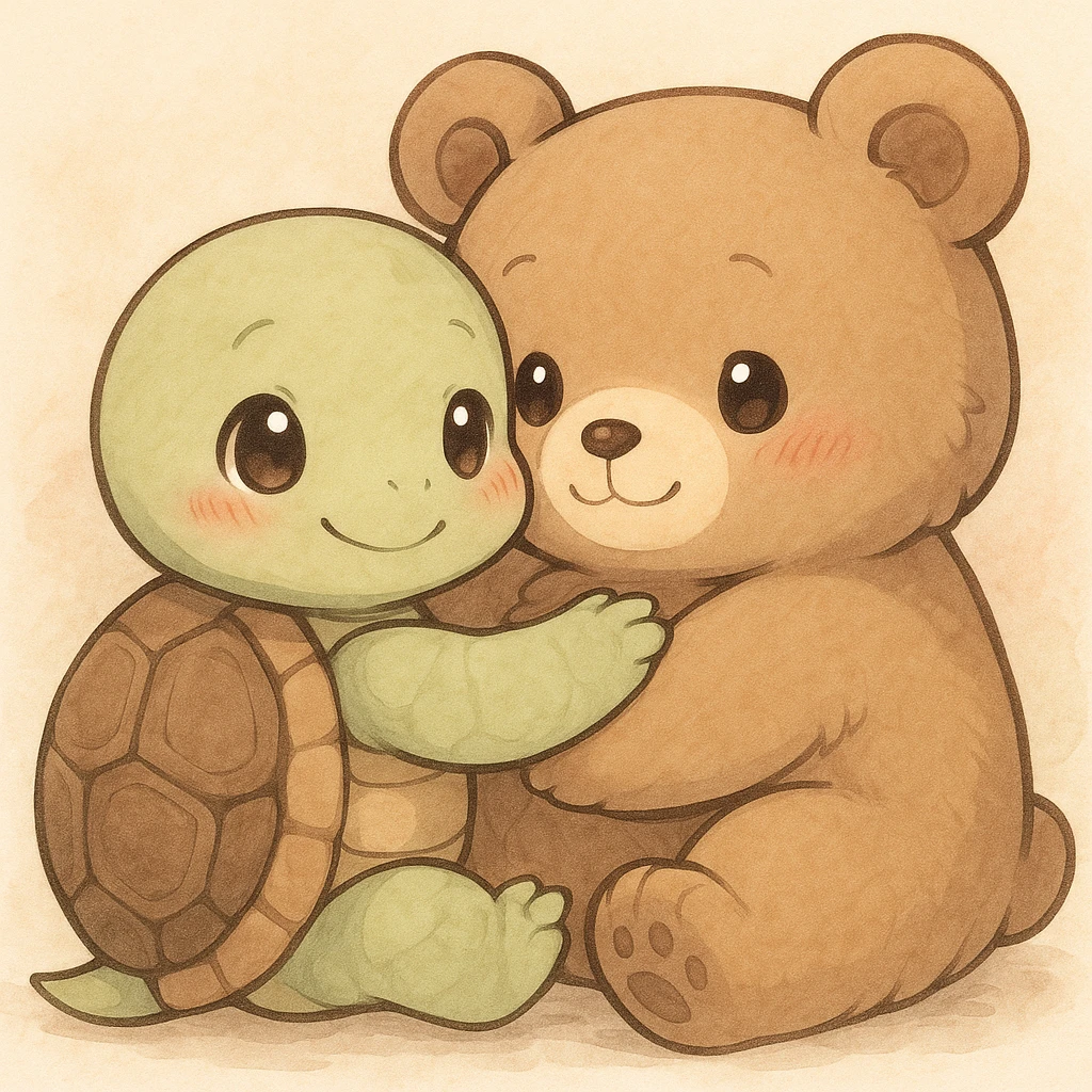 cute anime turtle and bear cuddling, detailed, soft colors emoji