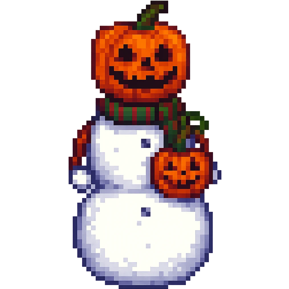 Change the snowman's head to a hollowed-out pumpkin while keeping the body like a classic snowman. Render in pixel art style. Remove the background. emoji