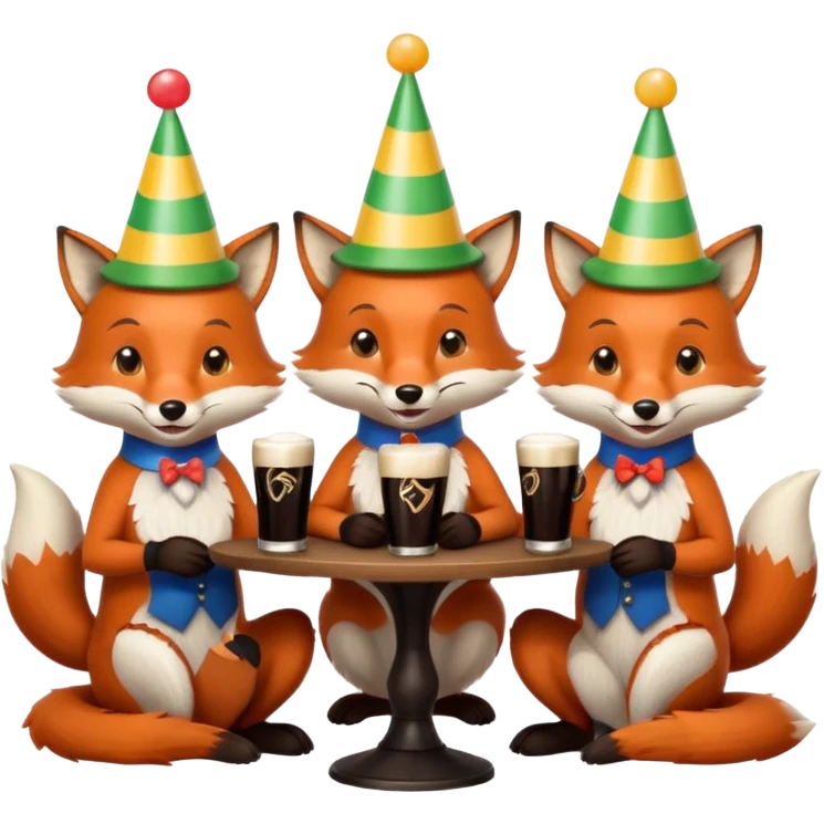 Three foxes sitting at a round table drinking Guinness emoji