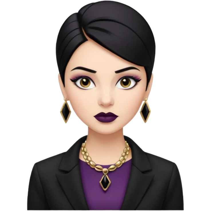 “Emoji girl, sculpted contour, bold dark lipstick, defined brows, sharp eyeliner, sleek black hair updo, statement necklace, black blazer.” emoji