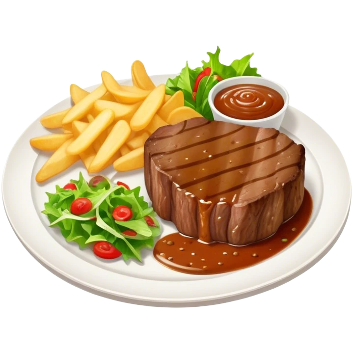 big juicy australian steak meal featuring chips, small salad in a ramikan and gravy in a small bowl on the plate emoji