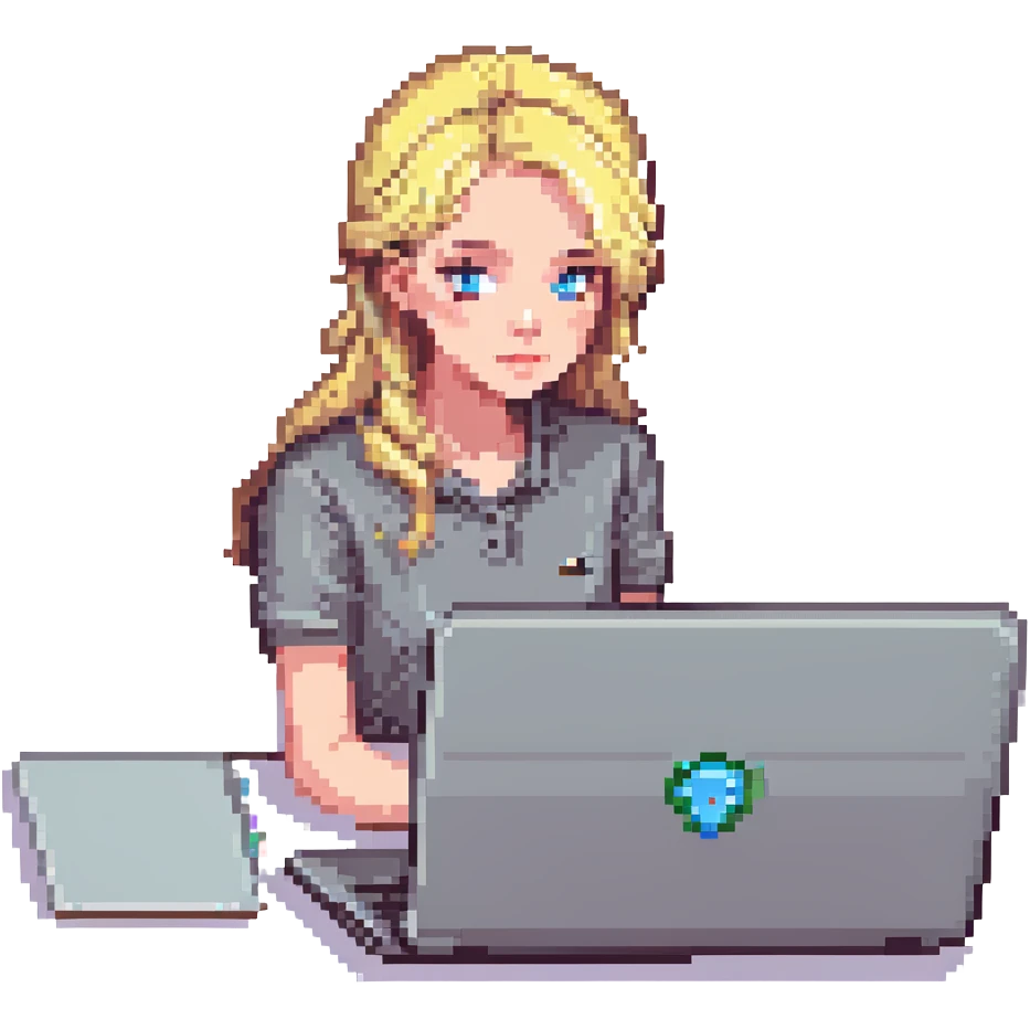 Blonde girl with blue eyes working on a laptop emoji