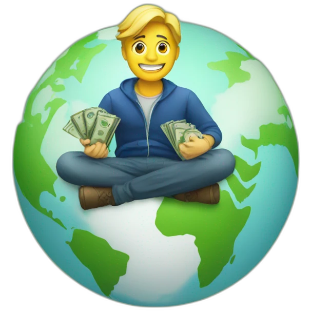 man sitting on globe with money bag emoji