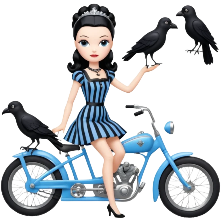 1920s coal hair hotrod Silkstone Marie Antoinette Barbie Wednesday Addams from academy in a blue and black vertically-striped classic dress. riding hot rod bikes with crows emoji