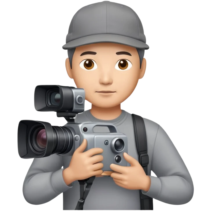 Chinese middle age male film producer in grey shirt with grey cap and professional camera emoji