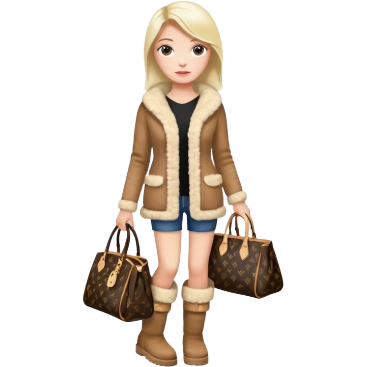 Woman standing with a luxury LV handbag wearing UGG boots.  emoji