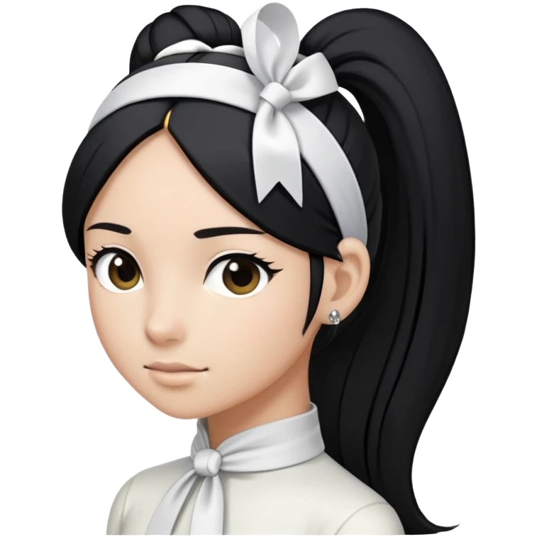 Cabelos: Longos, lisos e pretos, sempre presos em um rabo de cavalo alto com uma fita branca. Fita da testa (headband): Um dos itens mais icônicos. emoji