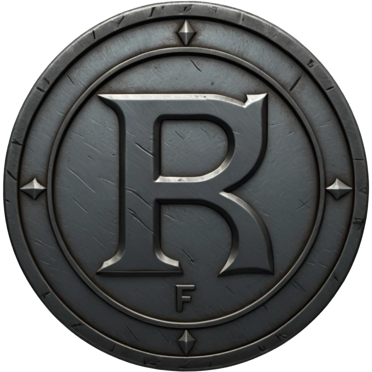 Minimal emoji, gothic metal coin made of black steel, engraved number f at the center, ancient industrial aesthetic, worn metal texture, no glow, no neon, flat emoji design, centered, transparent background emoji