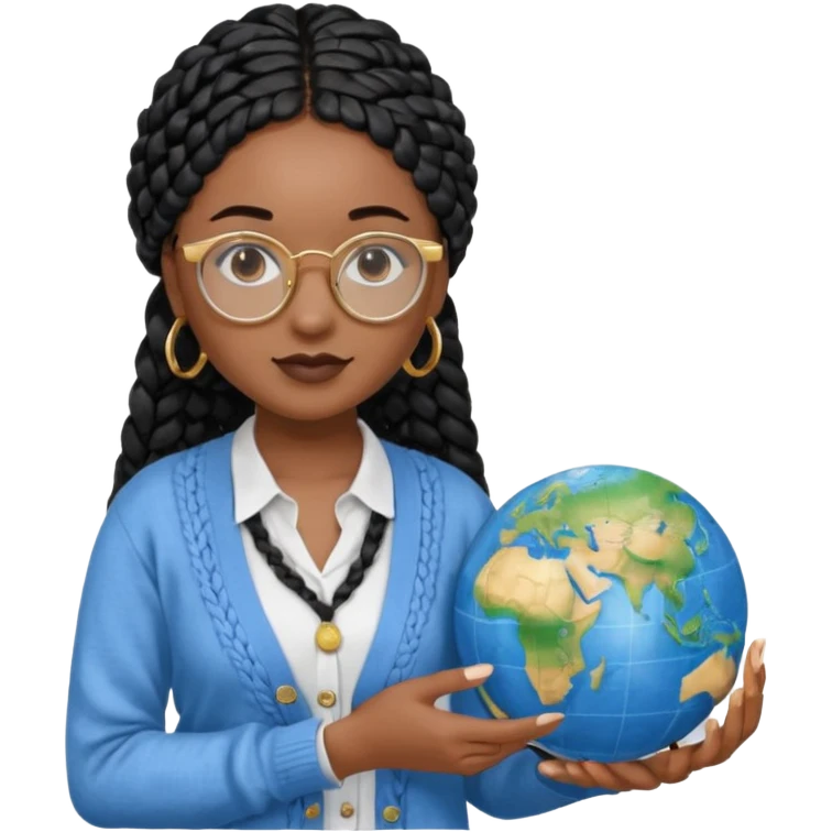 a-young-woman-wearing-fine-gold-round-glasses-and-black-hair-in-several-box-braids,-she-has-light-black-skin,-and-she's-wearing-a-white-shirt-with-an-blue-cardigan-on-top.-she's-holding-a-globe-in-one-hand.png emoji
