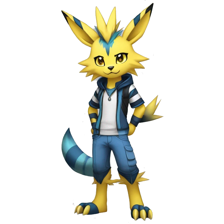 Anthro Edgy Cool Zeraora-Lombax-Jolteon-Pokémon-Fakémon with shiny blue stripes Full Body Detailed High Quality emoji