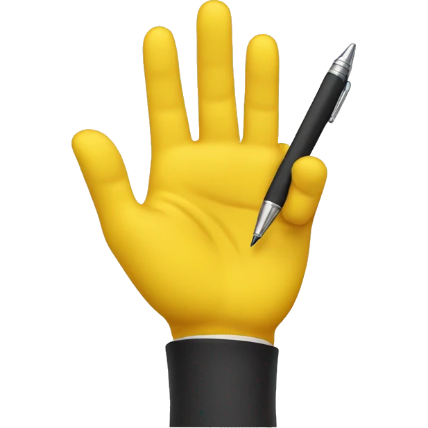 yellow hand with 5 fingers offering a pen emoji