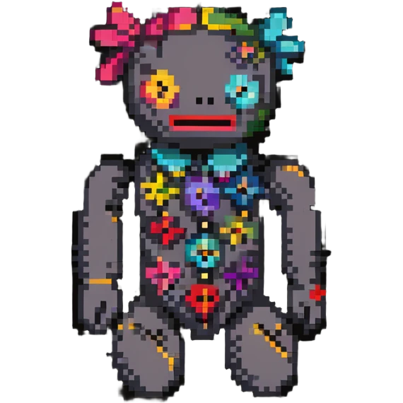 A colorful pixelated voodoo doll with bright fabric patches in different colors, button eyes, and colorful pins emoji