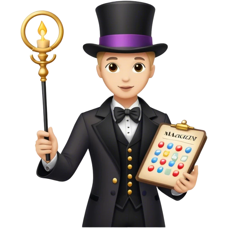 a magician holding a chart into one hand and a magic wand in the other hand emoji
