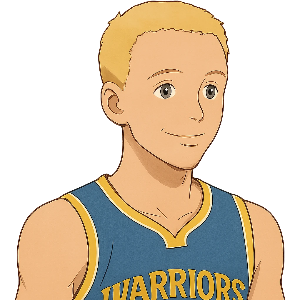 ghibli style illustration of Stephen Curry with blonde hair, no beard emoji