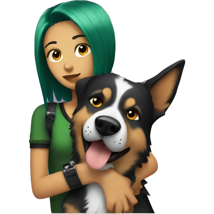 punk girl with green and black hair hugging a german shepard dog with floppy ears emoji
