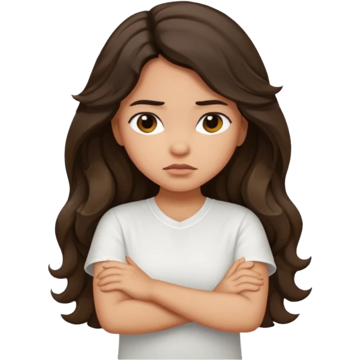 Hispanic light tan girl with long dark wavy hair with arms folded and slightly pouting emoji
