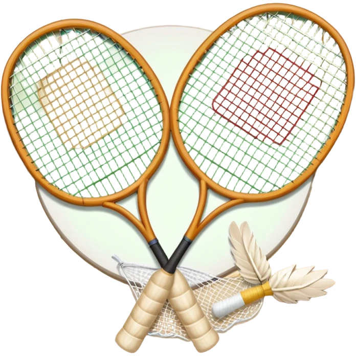Two crossed badminton rackets with a shuttlecock resting in between, set against the faint outline of a badminton court. The image highlights the tools of the sport, with a subtle emphasis on the court's net and boundaries, symbolizing competition and skill. emoji