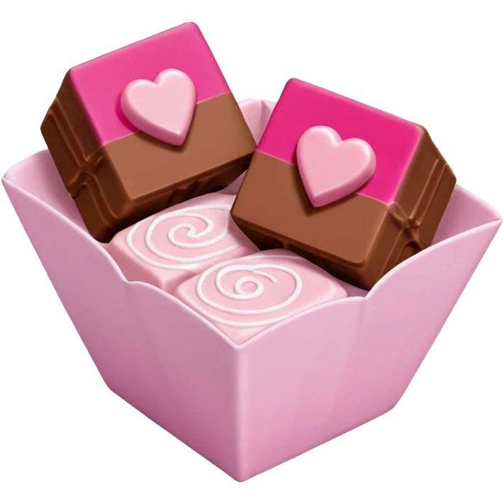 Two square milk chocolate 2 pralines only, Each praline is a sharp-edged cube with smooth glossy chocolate coating, placed in a small white fluted paper candy cup. On top of each cube is a flat pastel pink heart-shaped icing, thin and smooth, slightly translucent, with fine sugar crystal sparkle. emoji