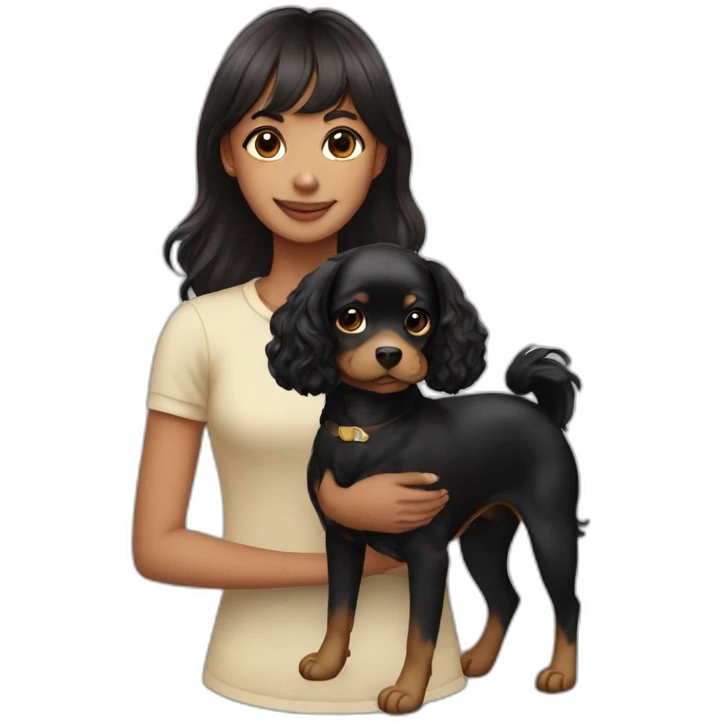 girl with long wavy hair and short bangs with her pet - black chichuachua emoji