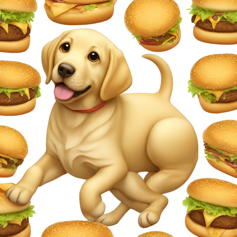 Cute golden Labrador puppy with a big burger emoji