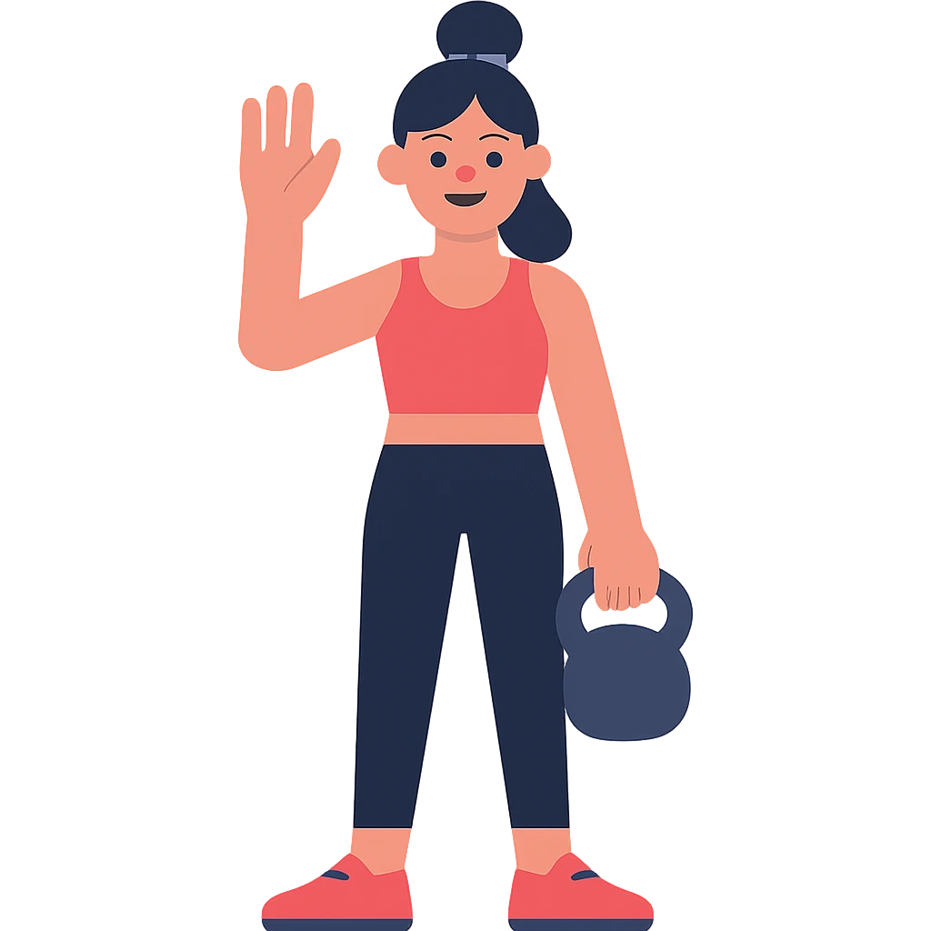 flat design style sport girl with kettlebell in one hand and waving hello with the other emoji