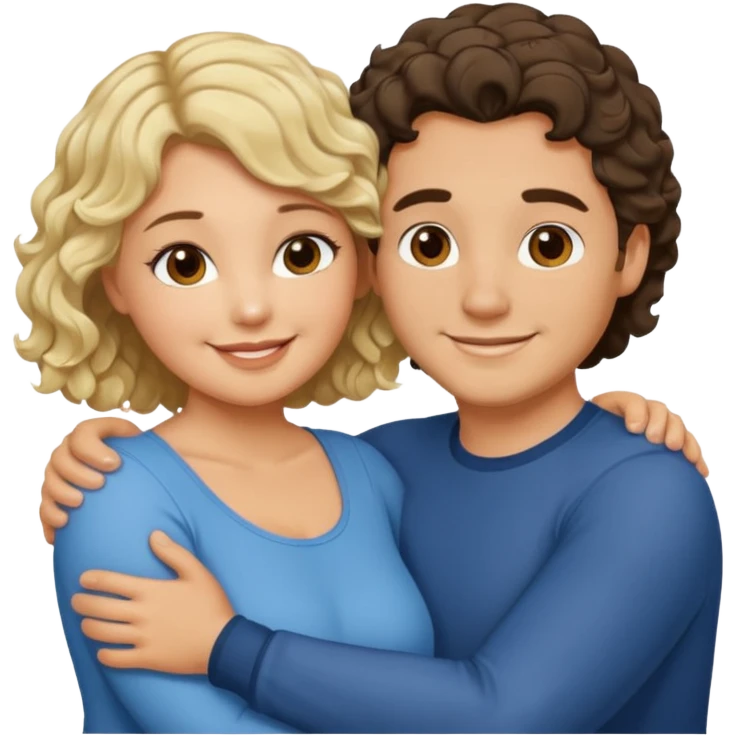 flirty couple hugging. The man short dark brown hair. The woman is chubby and has shoulder-length blond curls emoji