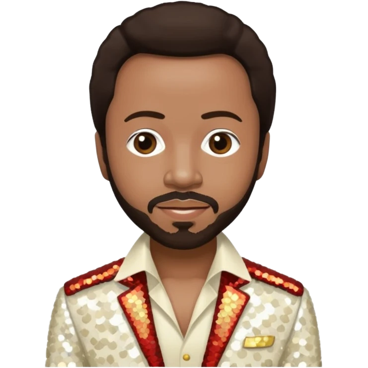 Maurice White from Earth, Wind & Fire with dark brown hair, ivory sequin outfit emoji
