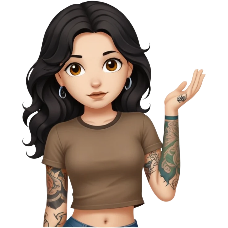 A girl with fair skin and a little fat - long black hair with big waves - tattoos on her upper arms - wearing a brown navel-revealing short-sleeved shirt emoji