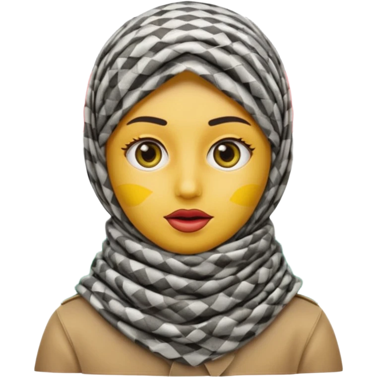 emoji with yellow face large expressive eyes shushing gesture Palestinian keffiyeh around head with Palestinian flag pattern subtly blended into scarf emoji