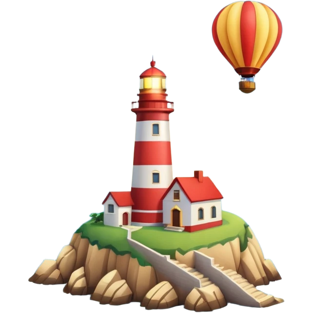 Hot air balloon above a scenic ocean with a lighthouse emoji