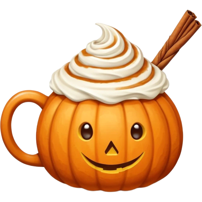 Round pumpkin-shaped mug with whipped cream swirl and one cinnamon stick, warm orange and cream tones. emoji