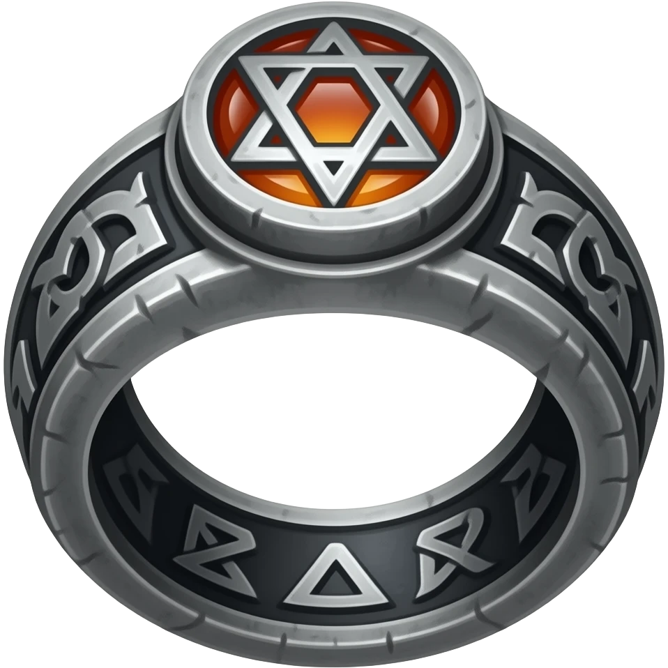 A runic ring meant for dark warlocks, dark and ominous with strange occult markings. Make it foreboding, maybe with a dark grey and orange gem emoji