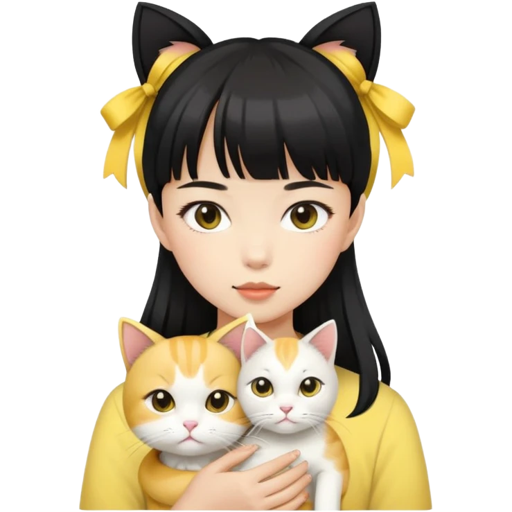 A fair-skinned Asian girl with  bangs and black ponytail hair holding a yellow and withe cat emoji