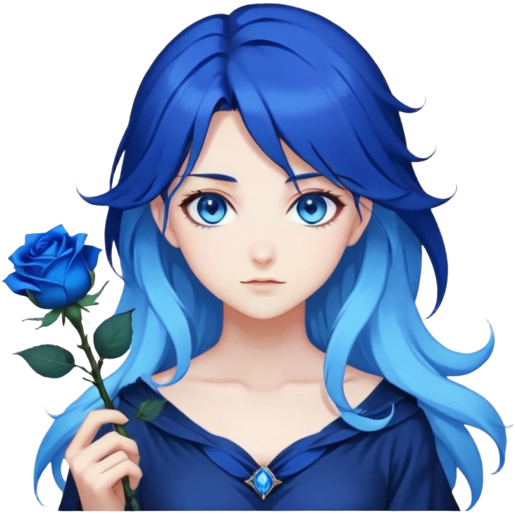anime girl with dark blue hair, blue rose in hair, glowing blue eyes, Solo Leveling style, sharp features, blue magical aura, 2D emoji emoji