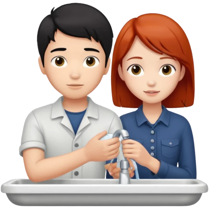 asian black haired boy fixes sink for redhead girlfriend emoji