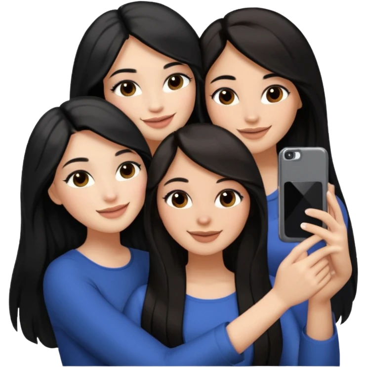 3 girl friends, one with black long hair light skin. one with brown hair long and the last girl one with black with brown medium length hair. Glammed up and hugging  and one talking a selfie and all of them smiling and looking girly all same skin tone  emoji