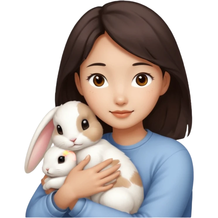 A young Asian woman with dark brown, almost Asian girl with dark brown hair, brown eyes, light Asian skin, hugging a white rabbit with light brown spots, soft and warm atmosphere.
  emoji