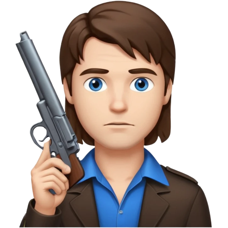 guy w medium long brown hair and blue eyes with gun pointed up at his chin emoji