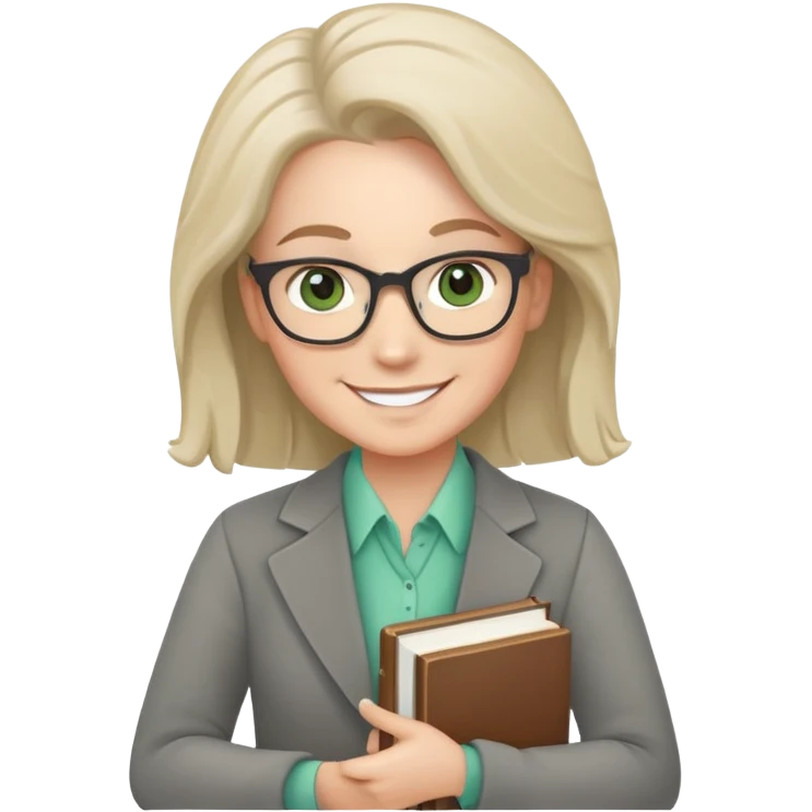 smiling English teacher with airtouch hair and grey-green eyes holding books and teaching materials emoji