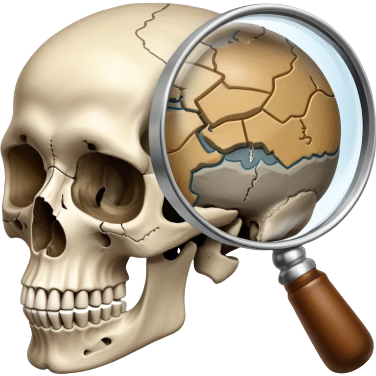An icon featuring a human skull and fossils, representing anthropology. The design includes a magnifying glass and a map of ancient human migration paths, symbolizing the study of human evolution and cultures. Transparent background highlights the scientific exploration of humanity’s past. emoji