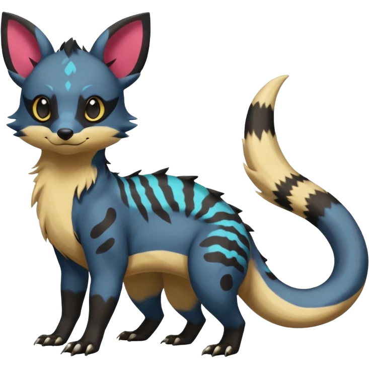 Rare exotic cute epic aesthetic colorful Salandit-Eevee-Civet-species-Fakemon-hybrid-creature, with markings, full body emoji