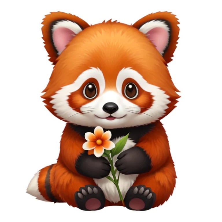 A red panda holding a small flower, cute and simple emoji