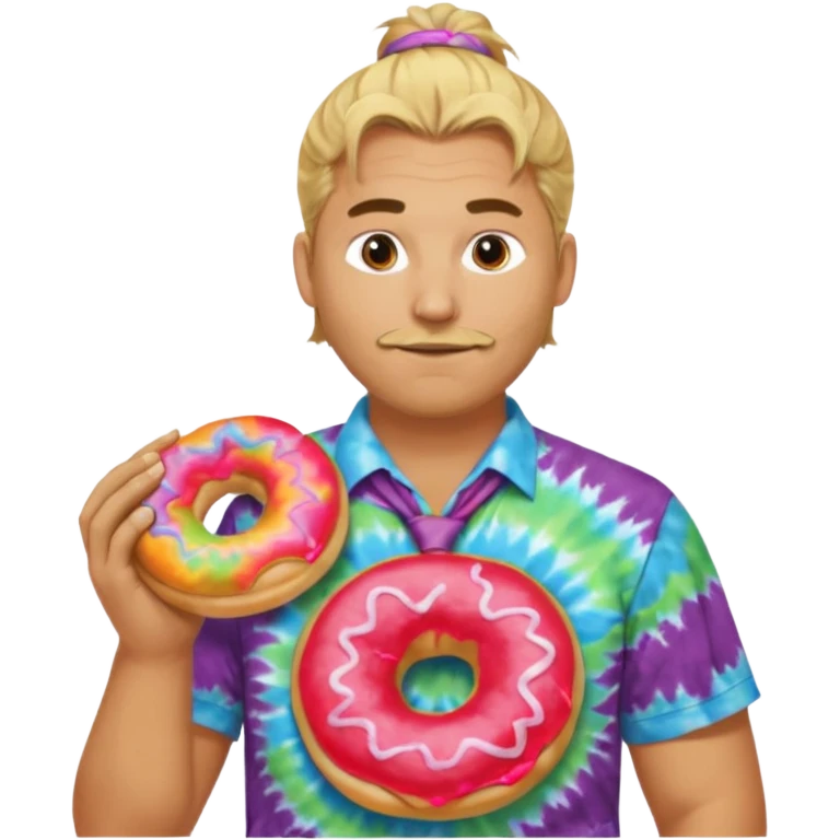Large man w Blond manbun making bagels with tie die shirt emoji