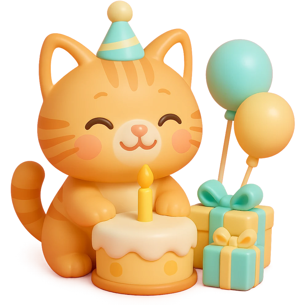 ginger tabby kitten celebrating birthday, wearing a birthday hat, with birthday cake, balloons, happy expression, and gifts emoji