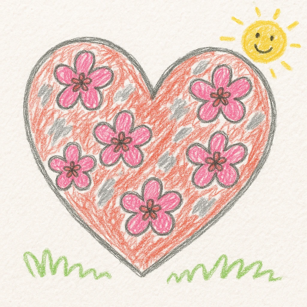 heart with sakura flowers and silver accents, children doodle style emoji