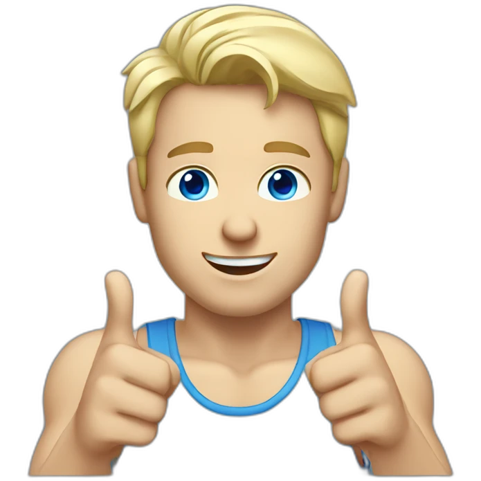 white blonde man with blue eyes and tanktop points finger to the top emoji