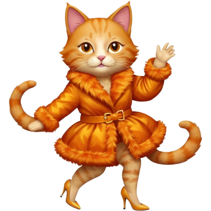 a dancing ginger cat in fur coat and high heels emoji