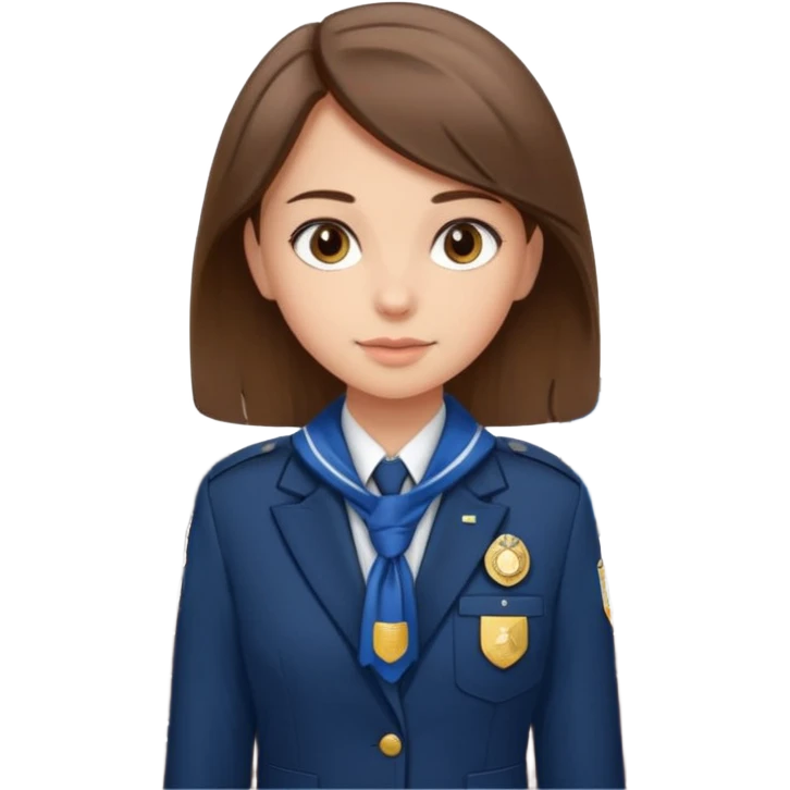 Young girl, straight hair, wearing uniform jacket with hotel name badge, tasteful scarf, stand behind the desk emoji
